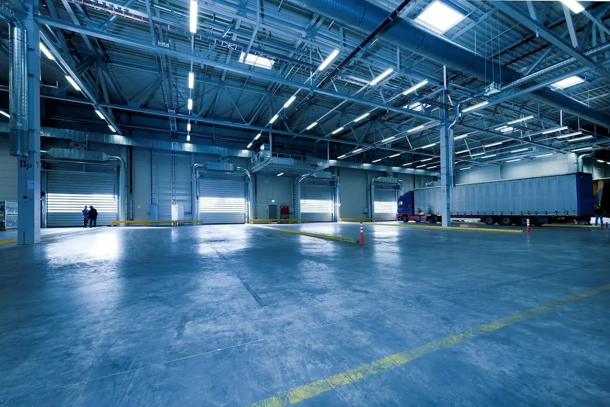 Trucks staged at a distribution-center loading dock
