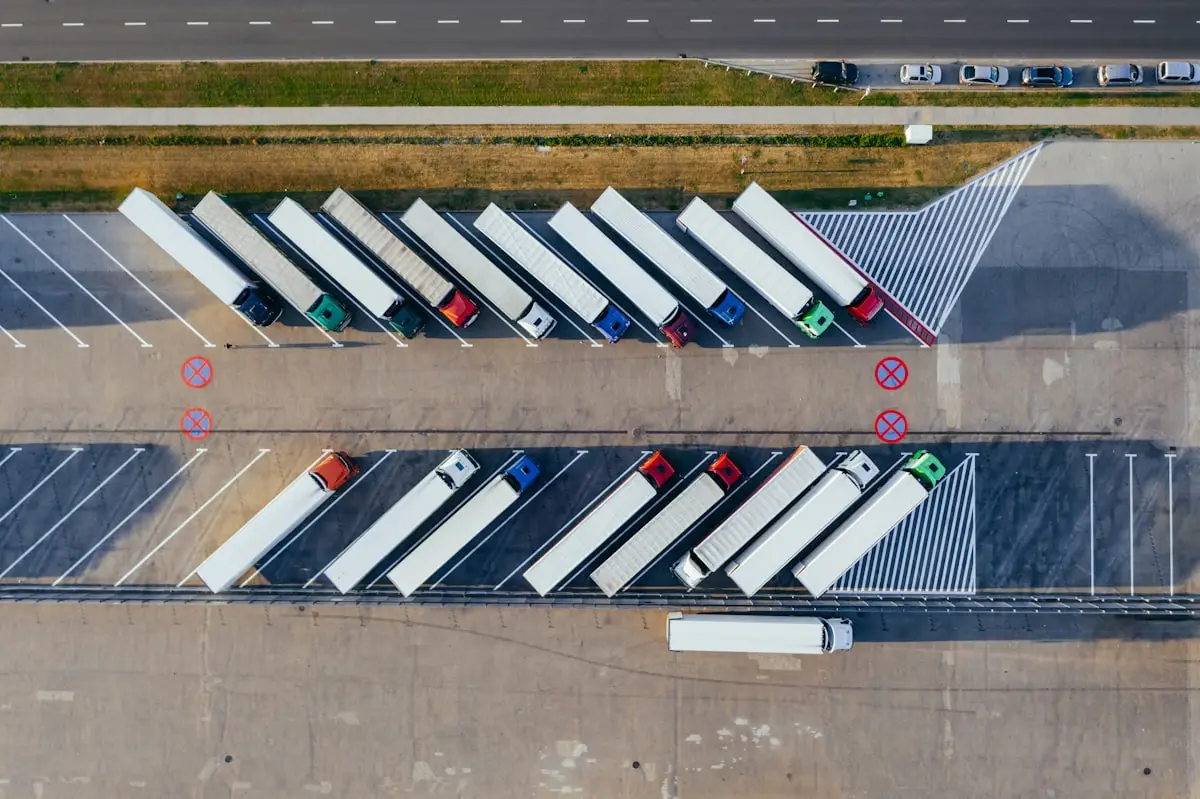Manufacturing plant loading dock with trucks